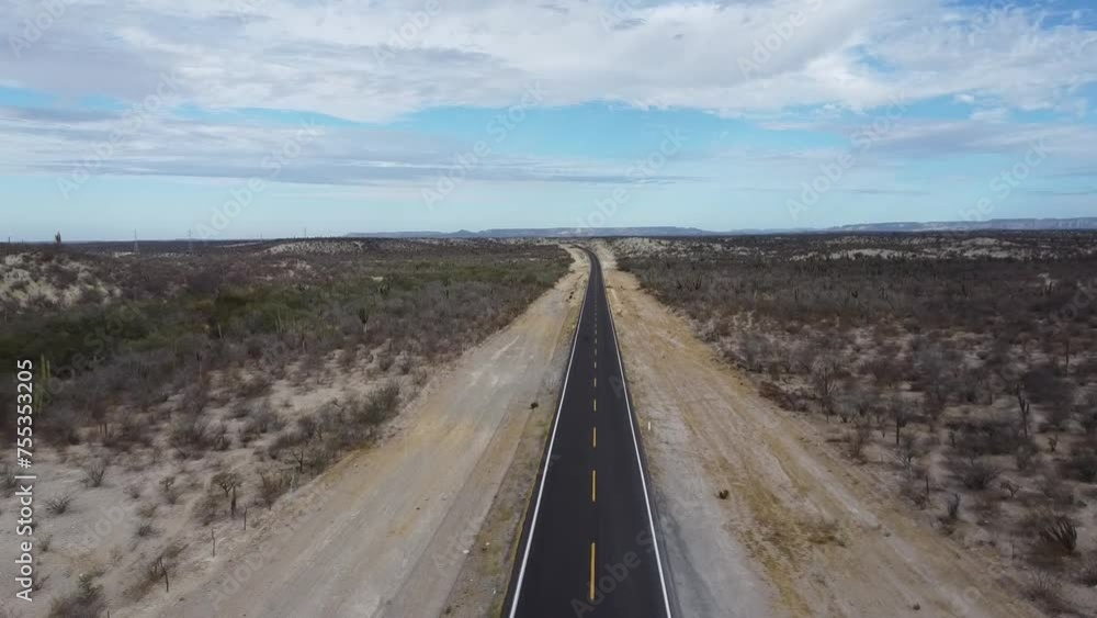Deserted asphalted road, Baja California Sur in Mexico. Aerial forward ascending and sky for copy space Deserted asphalted road, Baja California Sur in Mexico. Aerial forward ascending and sky for copy space