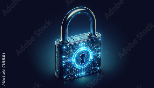 Digital padlock for computing systems on a dark blue background. cyber security technology for fraud prevention, and privacy data network protection concept