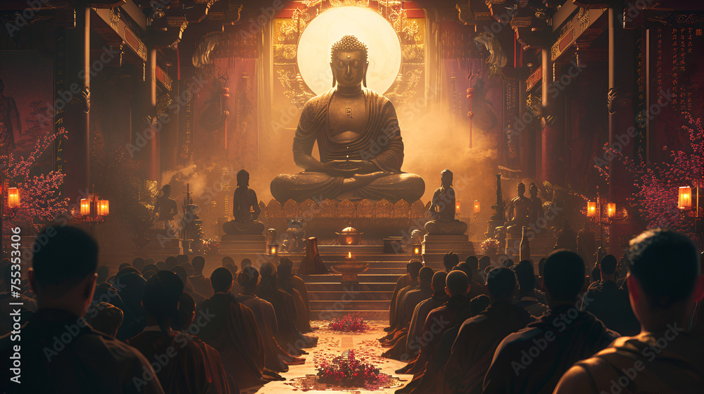 Buddha at a temple in front of a bunch of supporters, Bouddhisme et bien-être, ai generated