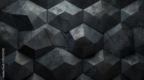Abstract faceted texture, black background with convex triangular, hexagonal geometric shapes.