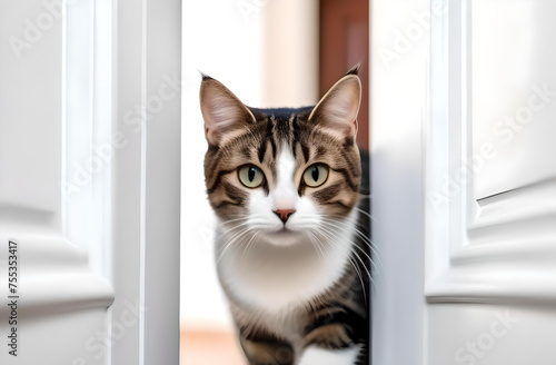The tricolor cat looks out of the room in the doorway of the white