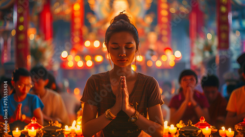A girl is Praying in a temple buddha statue behind  ai generated