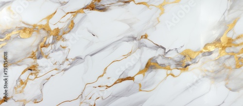 A detailed view of a Carrara statuarietto white marble surface adorned with luxurious gold accents. The intricate pattern and texture of the marble, along with the shimmering gold accents, create a photo