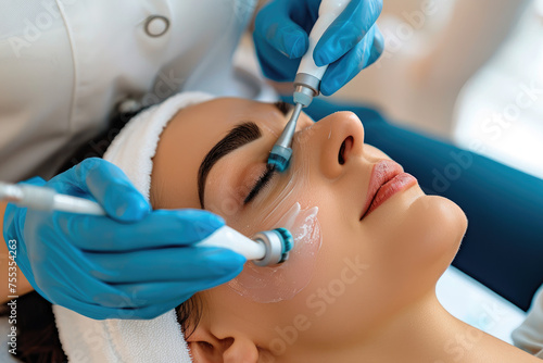Closeup headshot of young woman receiving hydrafacial therapy at beauty salon