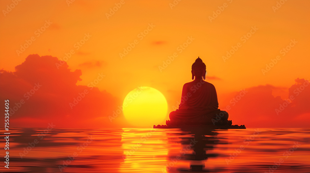 Buddha in sun set time, Buddha Statue in silhouette sun set Light background, Golden Buddha Silhouette at Sunset, Generative Ai