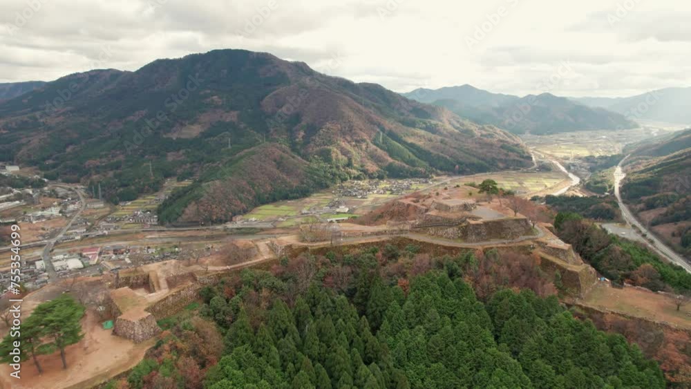 Japanese Mountain Range Valley Aerial Drone Landscape Drone Flying Above Outskirts of Kyoto in Takeda Castle Ancient ruins, hyogo asago Japanese Mountain Range Valley Aerial Drone Landscape Drone Flying Above Outskirts of Kyoto in Takeda Castle Ancient ruins, hyogo asago