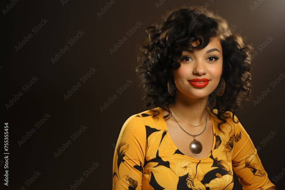 Retrato de una hermosa mujer morena, pelo corto rizado con una sonrisa y actitud optimista vestida de amarillo en un fondo obscuro, con espacio para copiar Retrato de una hermosa mujer morena, pelo corto rizado con una sonrisa y actitud optimista vestida de amarillo en un fondo obscuro, con espacio para copiar