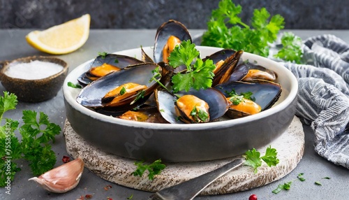 mussels with garlic and herbs, Delicious seafood mussels with sauce and fresh parsley. Traditional Spanish dish. Mediterranean diet, healthy food