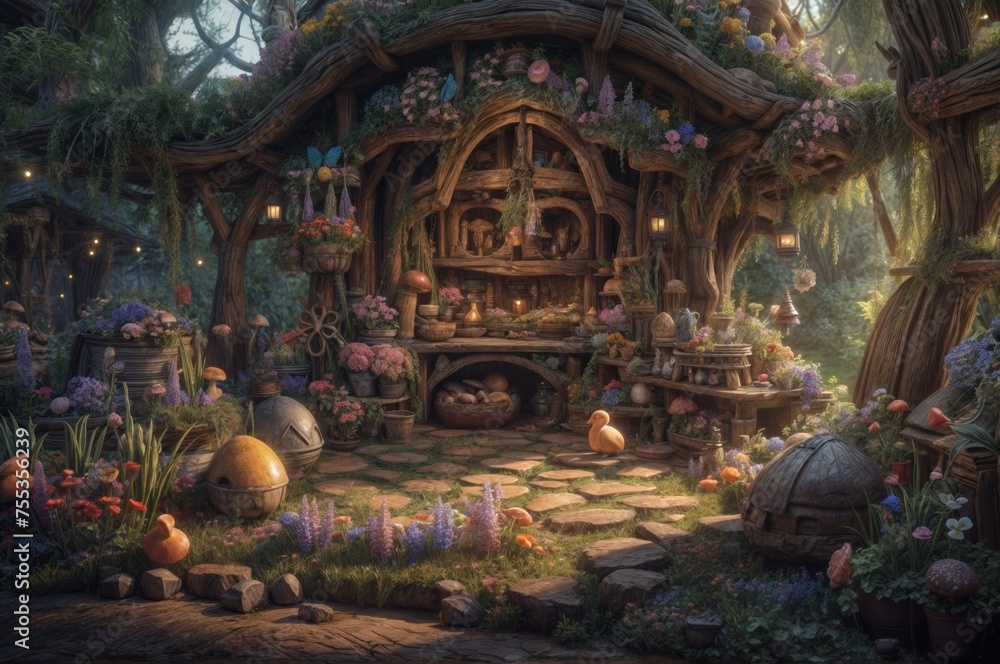Halloween theme with wooden house, pumpkin and scarecrow in the forest