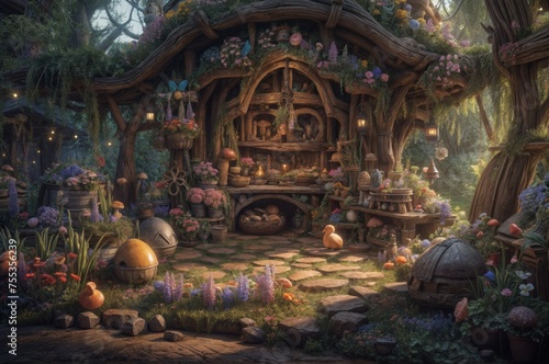 Halloween theme with wooden house, pumpkin and scarecrow in the forest