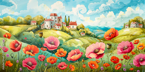 Spring landscape with  poppy flowers, Oil paintig banner