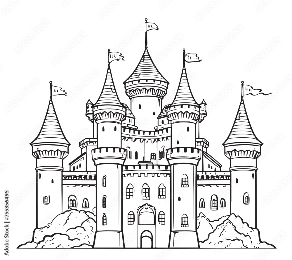 Medieval castle sketch. Vector illustration Comic art