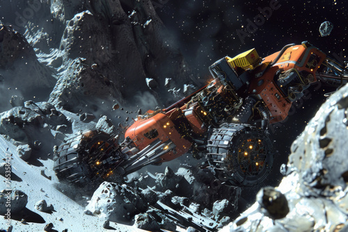 A close-up shot of a robot mining valuable minerals from the surface of an asteroid