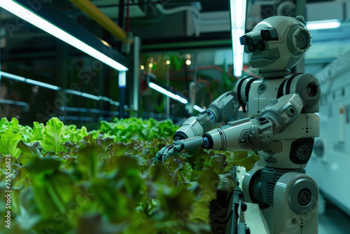 A close-up shot of a robot tending to crops in a hydroponic farm on a space colony