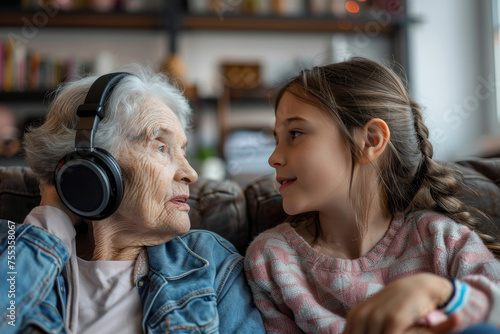 Granddaughter listening music with her grandmother at home