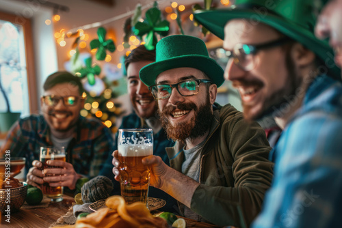 Group of a happy smiling friends celebrating Saint Patrick's Day at home