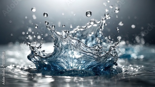 Dynamic water splash, crystal clear blue droplets captured in a high-speed shot. Ideal for beverage ads or nature themes. A high-quality digital art piece