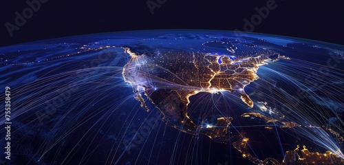 Obraz na płótnie Global Communication Networks Over North America at Night w salonie