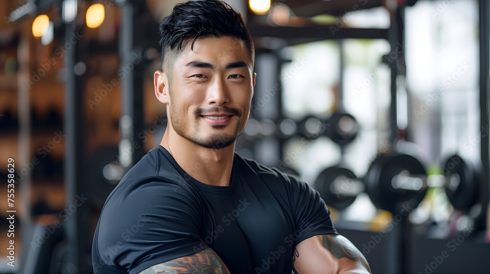 Obraz premium Japanese Male Personal Trainer Smiling with Gym Background