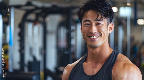 Japanese Male Personal Trainer Smiling with Gym Background