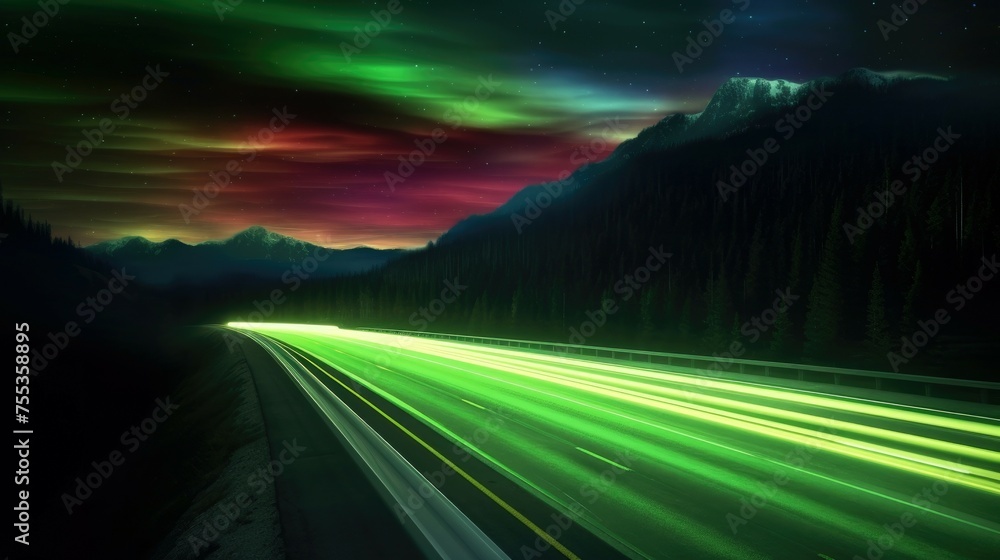 Polar night on the road. Northern lights