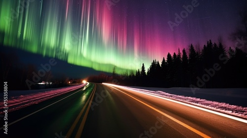 Northern lights. The road is in motion at night