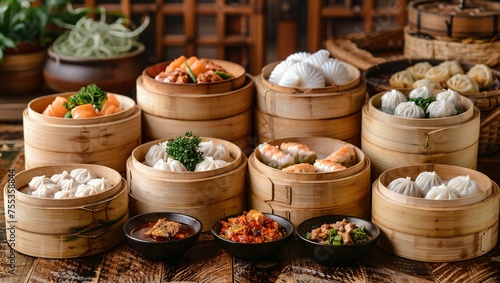 Dim sum assortment, traditional bamboo steamers, authentic © akarawit