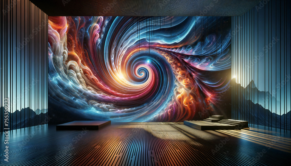 Abstract background with a dimensional portal showcasing colorful swirls, multicolored vortex energy, and cosmic spiral waves. - obrazy, fototapety, plakaty 
