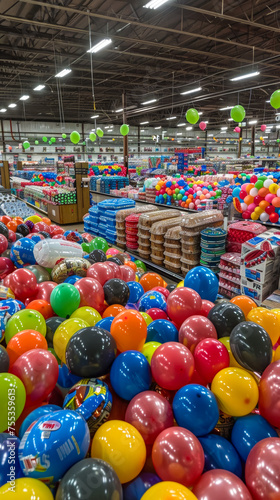 a supermarket completely full from floor to ceiling of colorful balloons