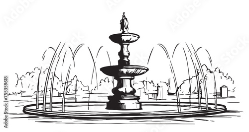 Fountain in park. Sketch. Engraving style Vector illustration.
