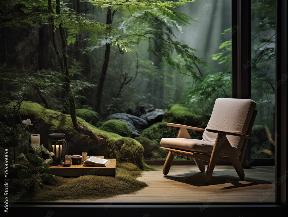 A Japanese style reading corner with a chair, table, bookshelf, large window, and a forest view