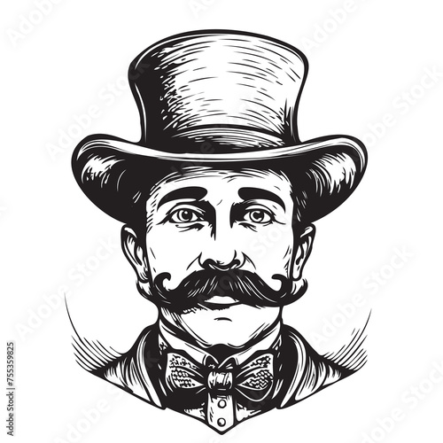Portrait of an English gentleman with a mustache in a suit and top hat hand drawn sketch Vector Illustration.
