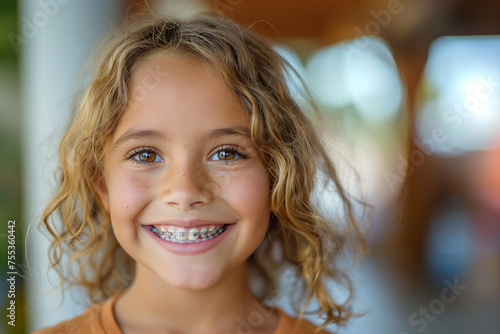 little girl smiles widely demonstrating braces on her teeth, dental care concepts