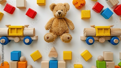 Childhood Delight: Teddy Bear and Wooden Toys Background, GENERATIVE AI