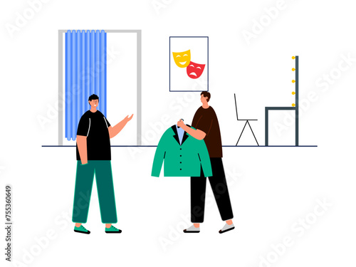 Performers change costumes. Theatre vector illustration.