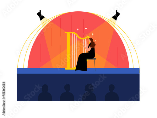 Girl harpist playing harp. Theatre vector illustration.