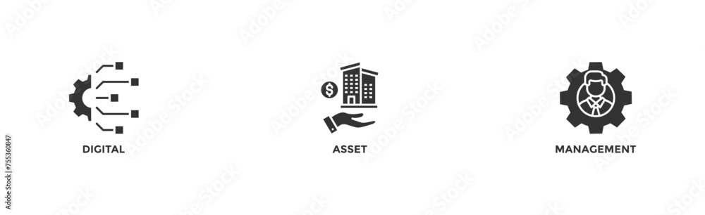 Obraz premium Dam banner web icon illustration concept of digital asset management with icon of binary, automation, processing, design, data, network, and connection