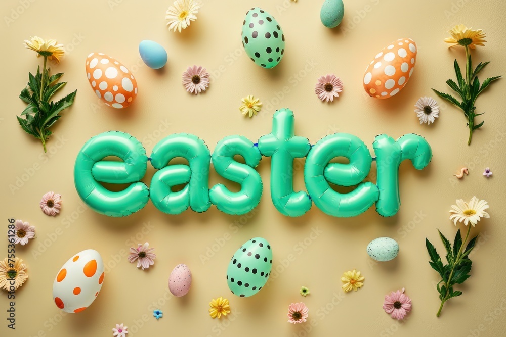 green inflated, plump ,  three-dimensional text Easter with spring flowers and eggs on beige background . Greeting card , seasonal holiday.