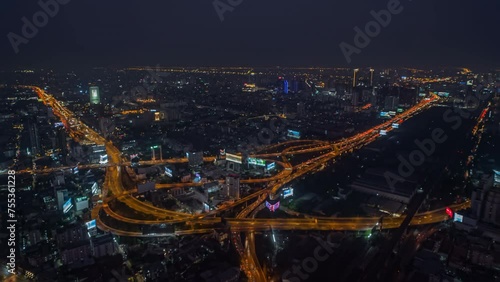 Bangkok panoramic aerial view Time lapse, hyperlapse, Thailand night photo