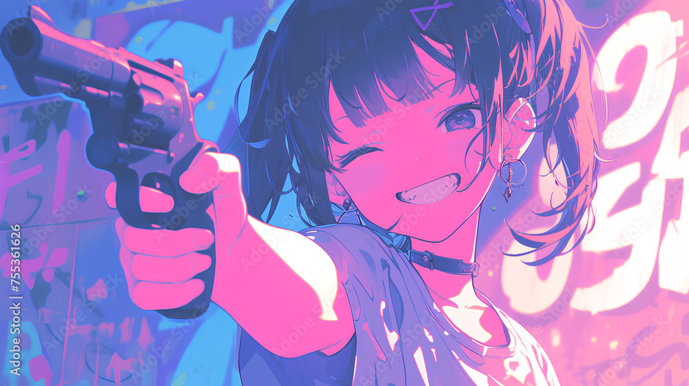 anime Beautiful girl smiling while holding shooting gun anime Beautiful girl smiling while holding shooting gun