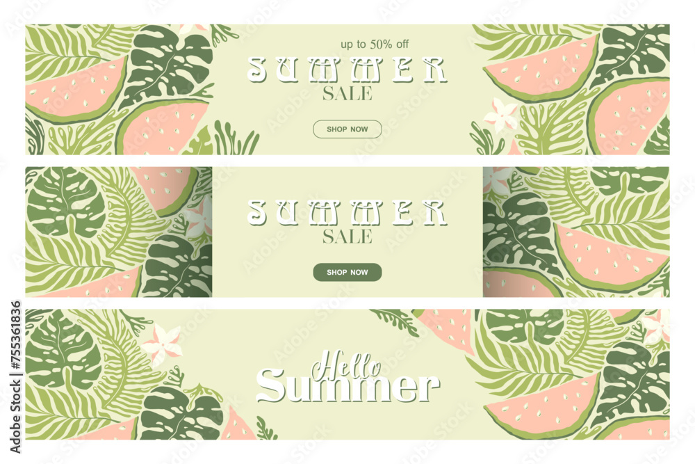 Summer sale vector banner templates collection with abstract watermelons, tropical plants, exotic flowers isolated on light green background. Illustration for advertising, card, website