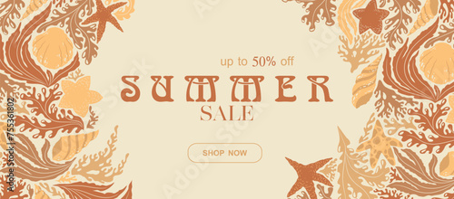 Summer sale vector banner template with abstract ocean plants, seashells, sea stars, corals isolated on light background. Design for advertising, promotion, flyer, invitation, card, poster