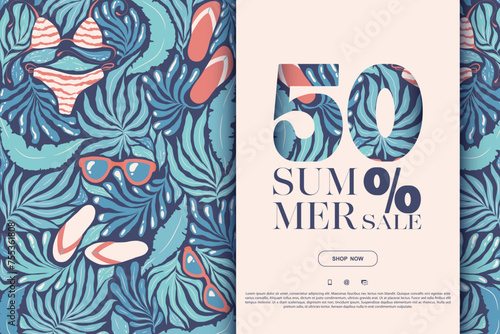 Summer sale vector banner template with abstract tropical plants and beach attributes pattern isolated on blue background. Illustration for advertising, flyer, invitation, card, poster, promotion
