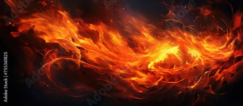 A close-up view of vibrant and dynamic fire flames burning on a dark, black background. The flames flicker and dance, casting a warm glow.