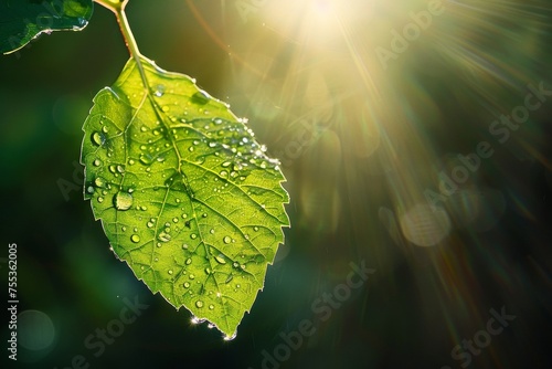 A close-up of a green leaf with water droplets under sunlight, highlighting the intricate patterns and fresh appearance of the foliage