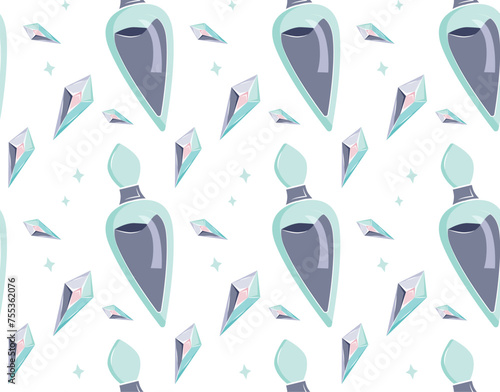 Purple potions in a glass flask with magic crystals. Magic attributes in cartoon style. Seamless vector pattern for backgrounds and prints.