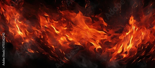 An up-close view of a cluster of fiery flames burning intensely against a dark black backdrop. The flames appear dynamic and textured, creating a striking visual contrast.