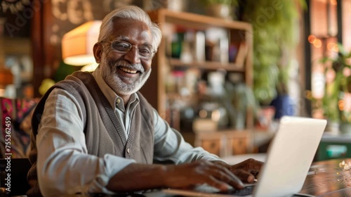 a senior indian smiling man is working at a laptop photo