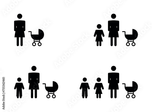 Postpartum child care icons. Set of pectograms of a single mother with children.
