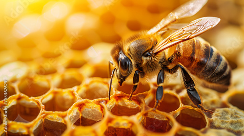 Honeybee in a honeycomb with honey  © rouda100